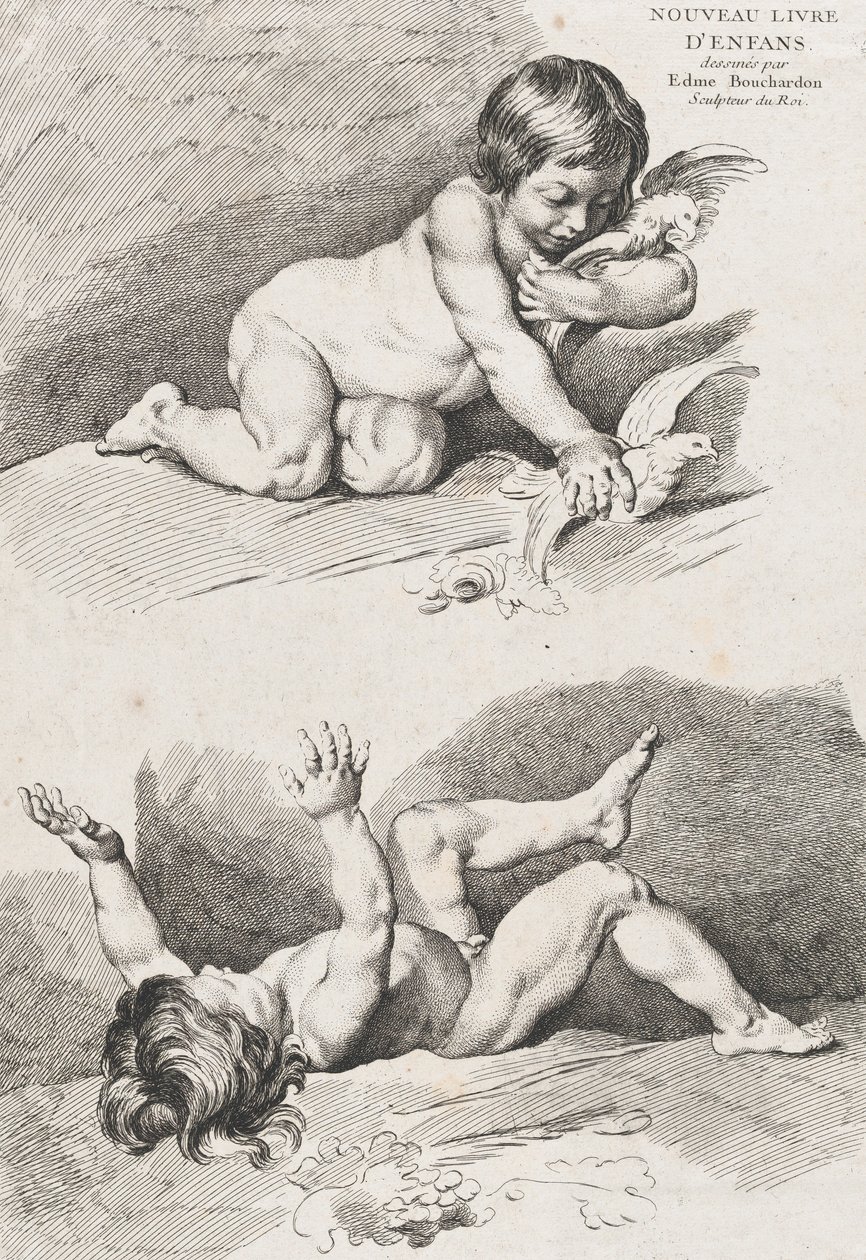 Dos niños desnudos jugando con una hoja, del Nuevo Libro de Niños, 1720-60 de Pierre Alexandre Aveline