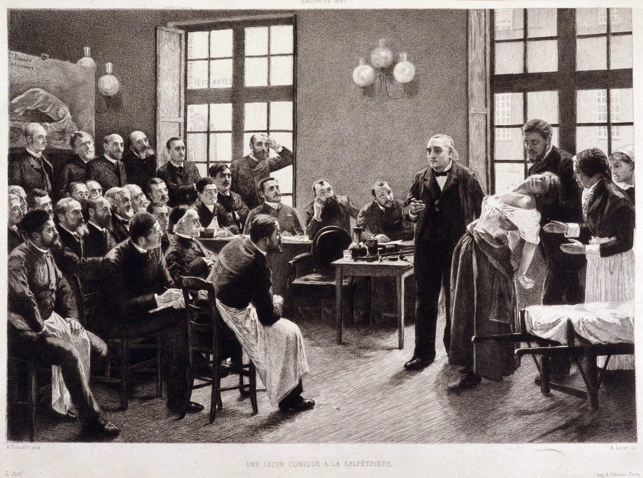 Una conferencia clínica del Dr. Charcot en la Salpêtrière en 1887. Estudiantes del departamento del profesor Jean Martin Charcot que explica el caso de Blanche Wittman, su paciente y conejillo de indias preferido para su investigación sobre la histeria de Pierre Andre (after) Brouillet