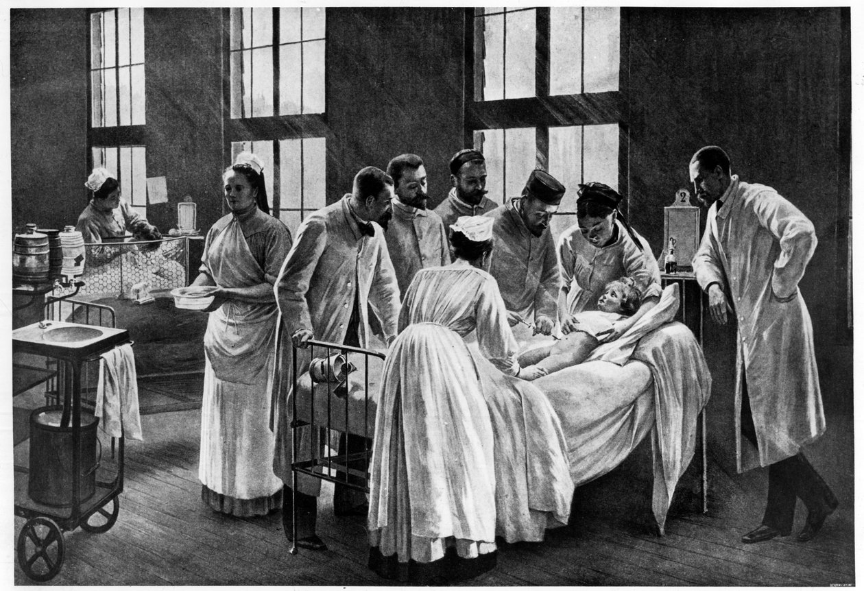Le Croup en el hospital Trousseau, por André Brouillet - Le Croup curado por el Doctor Roux, grabado por E. Buval (litografía en color), Brouillet, Pierre André (después) / Museo de la Ciudad de París, Museo Carnavalet, París, Francia de Pierre Andre (after) Brouillet