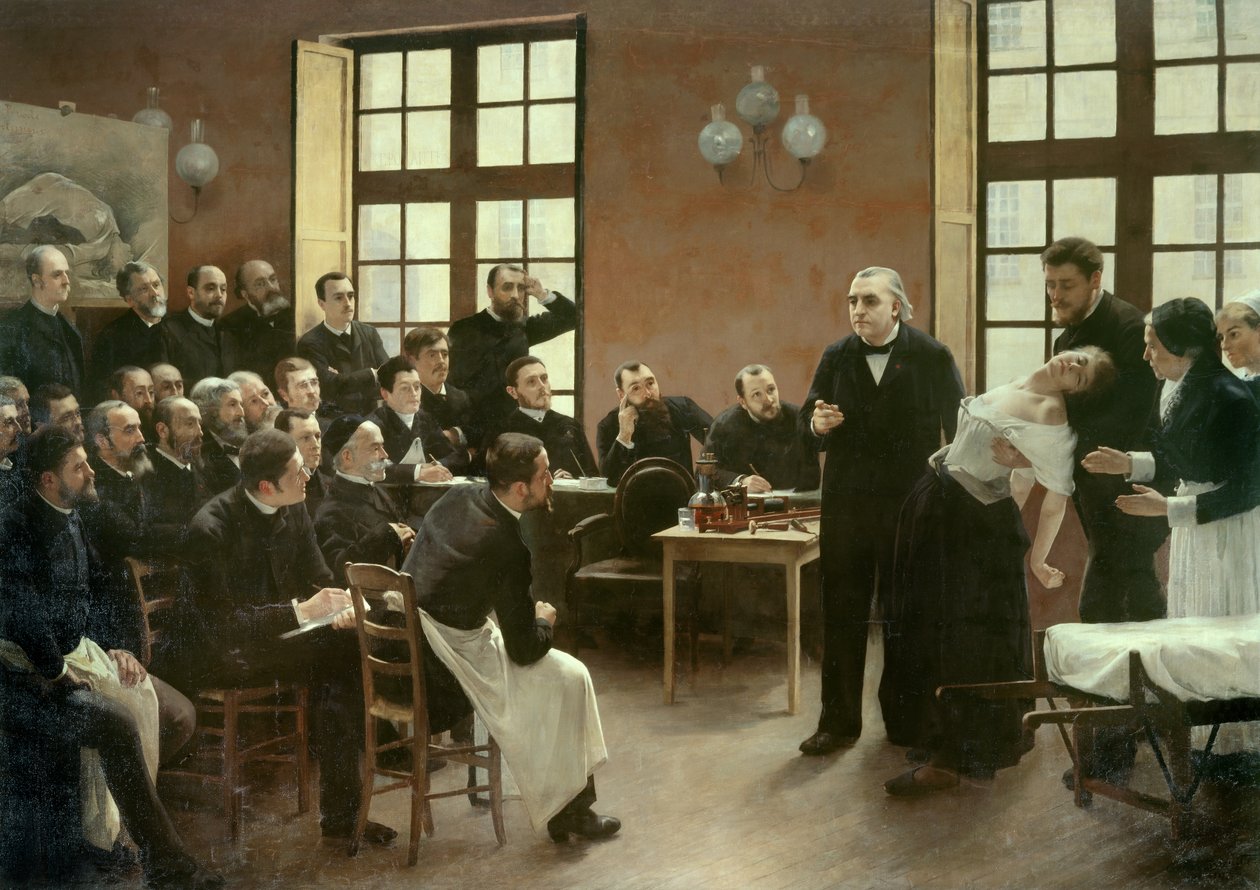 Una conferencia clínica del Dr. Charcot en la Salpêtrière en 1887. Estudiantes del departamento del profesor Jean Martin Charcot (1825-1893) que explica el caso de Blanche Wittman, su paciente y conejillo de indias preferido para su investigación sobre la  de Pierre Andre Brouillet