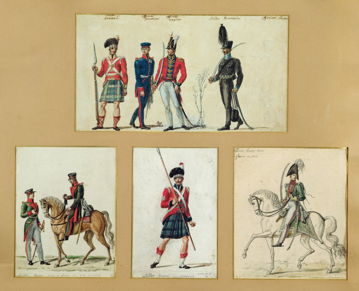 Los uniformes de los soldados escoceses y oficiales prusianos, ingleses, hanoverianos y rusos en 1814 de Pierre Antoine Lesueur