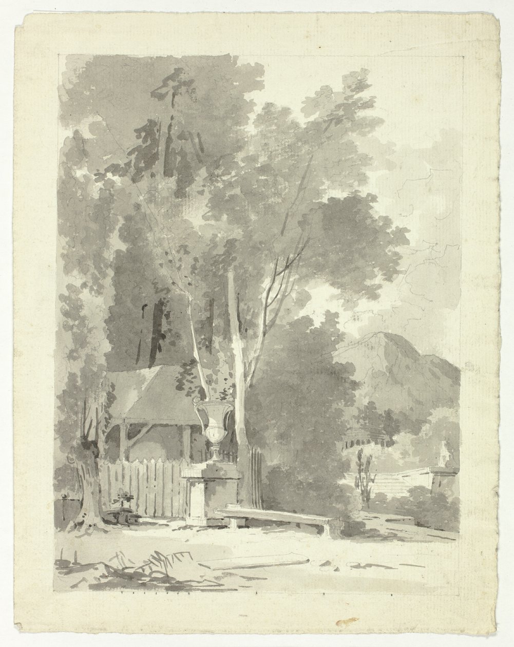 Urna clásica delante de un cobertizo, con templo y montaña al fondo de Pierre Antoine Mongin