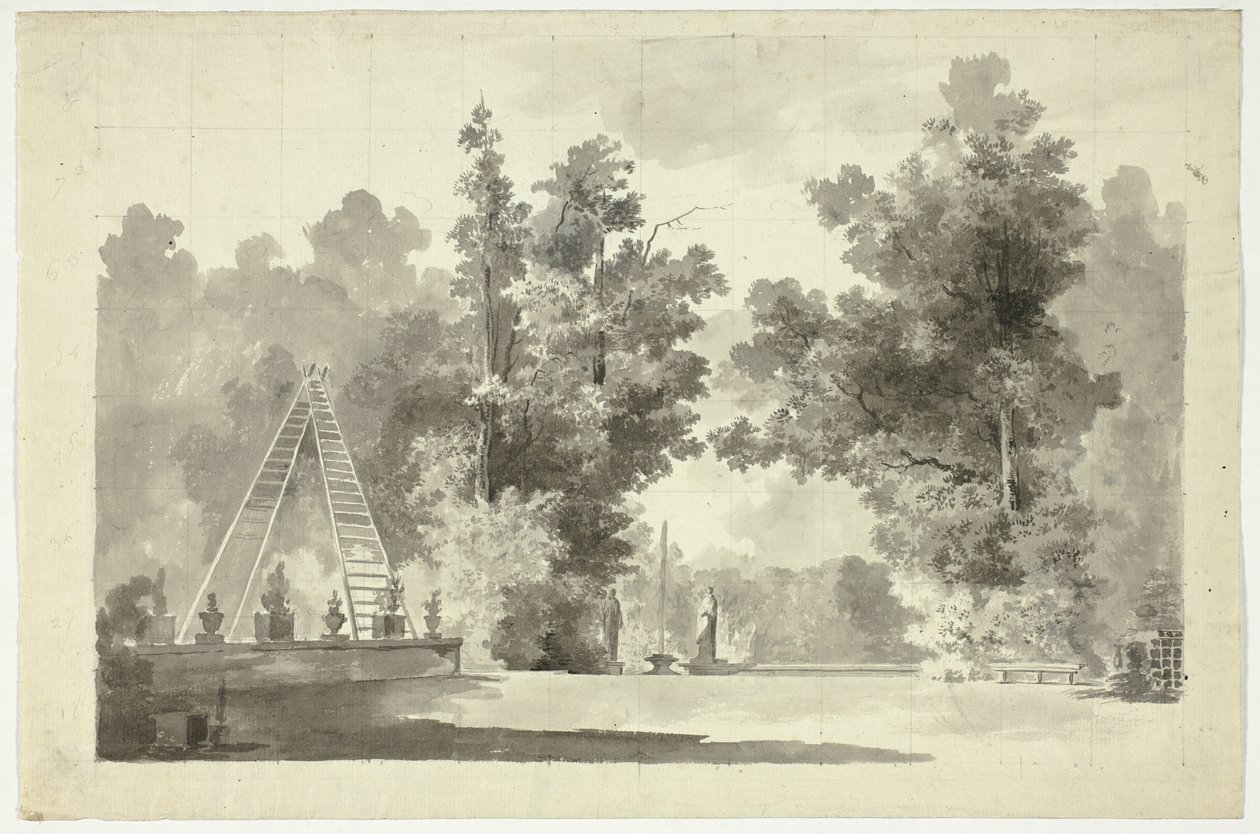Vista del parque de Versalles: Arco de Escaleras con Plantas; Estatuaria de Pierre Antoine Mongin