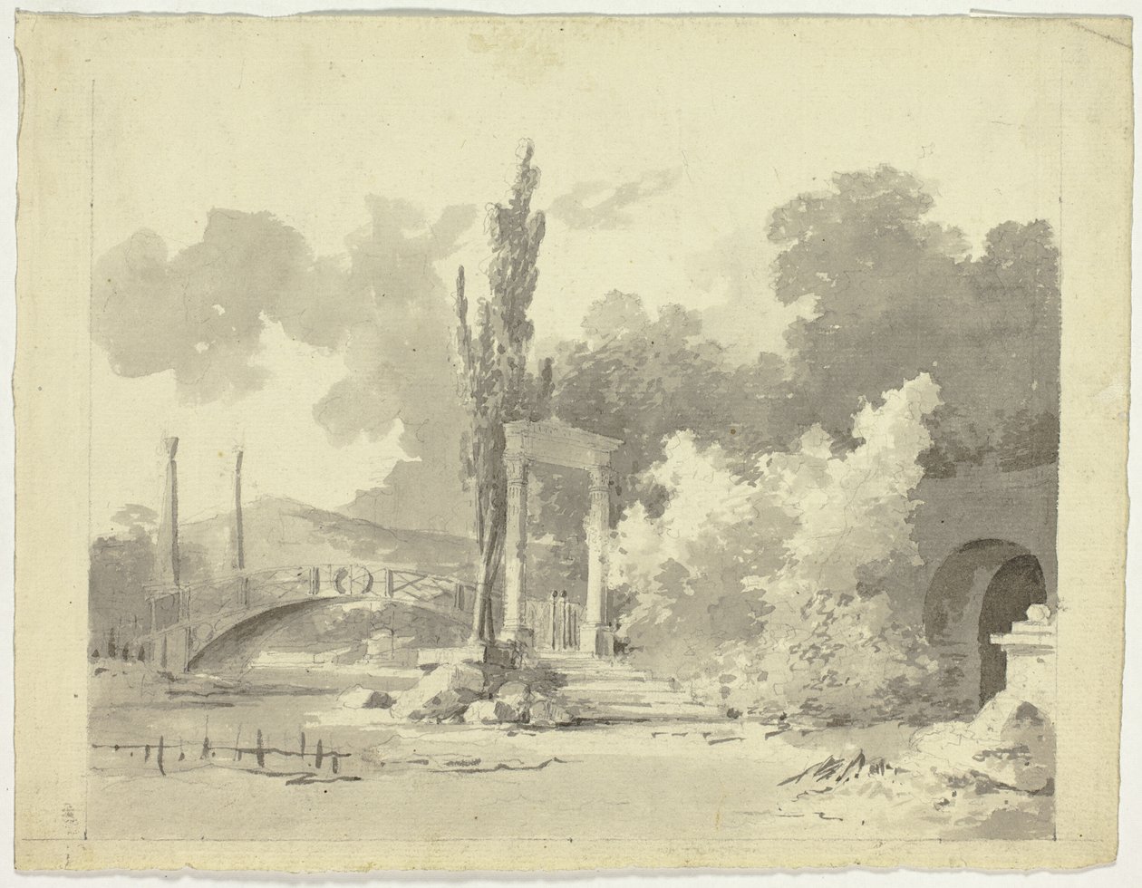 Vista del parque de Versalles: Puente arqueado con columnas de Pierre Antoine Mongin