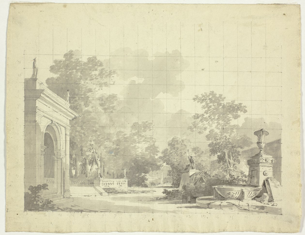 Vista del parque de Versalles: Entrada arqueada a una terraza, urnas y estatuas en ruinas de Pierre Antoine Mongin