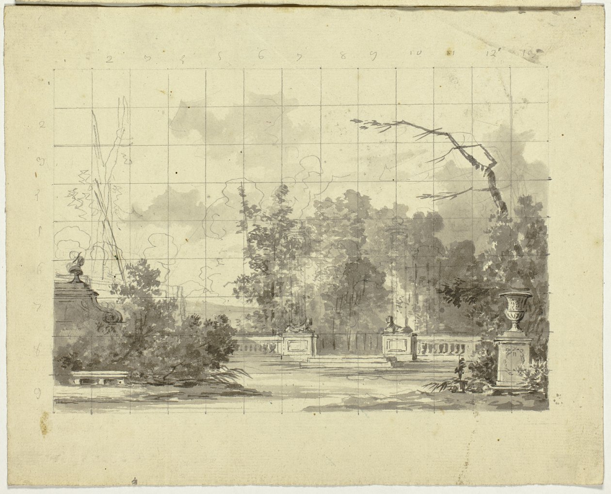 Vista del parque de Versalles: Balaustrada con dos esfinges Urna de Pierre Antoine Mongin