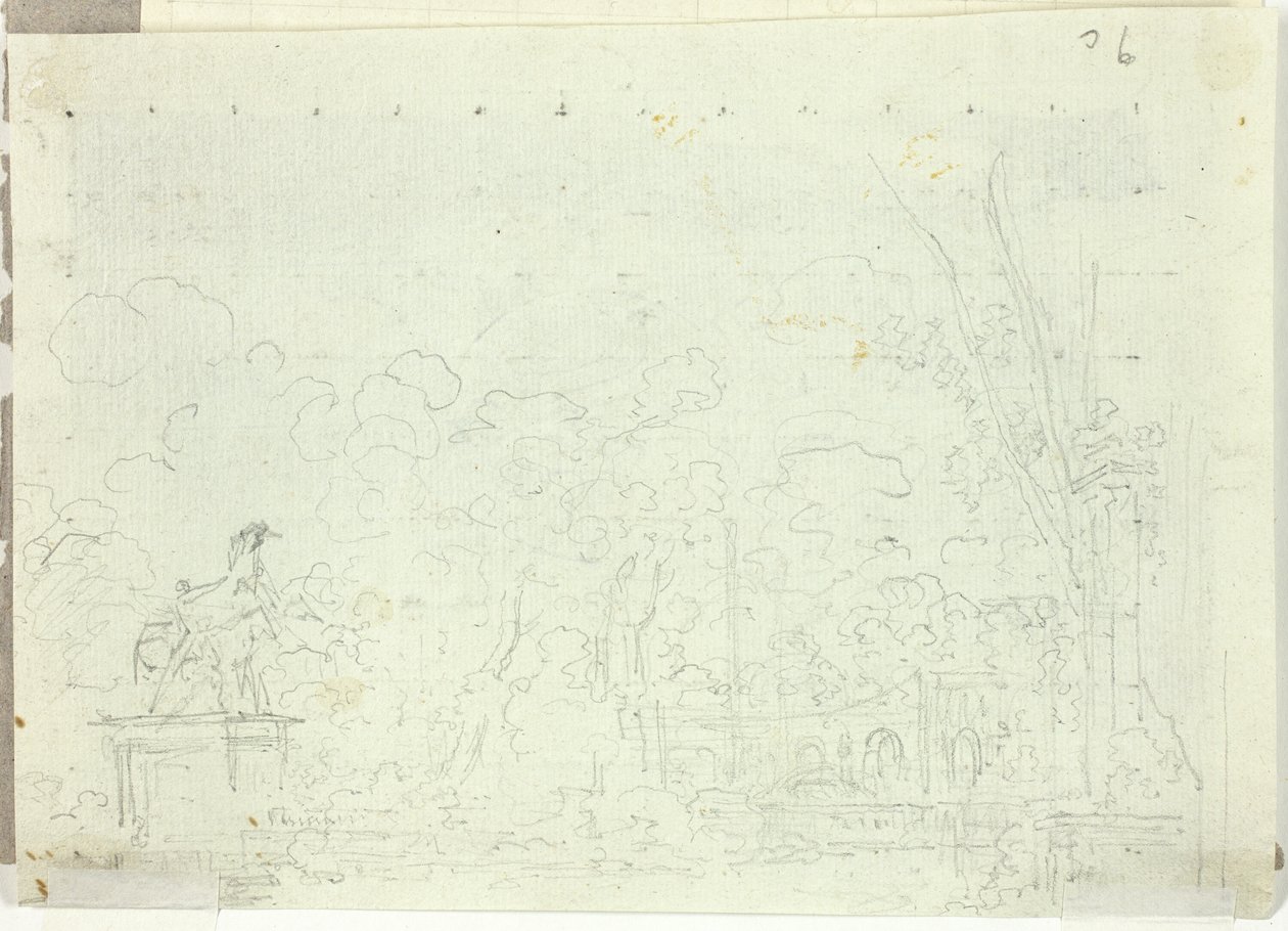 Vista del parque de Versalles: Estatua ecuestre entre árboles de Pierre Antoine Mongin