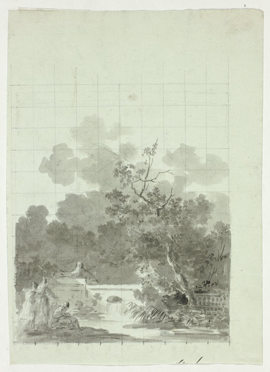 Vista del parque de Versalles: Pescando en un estanque cerca de una arboleda de Pierre Antoine Mongin