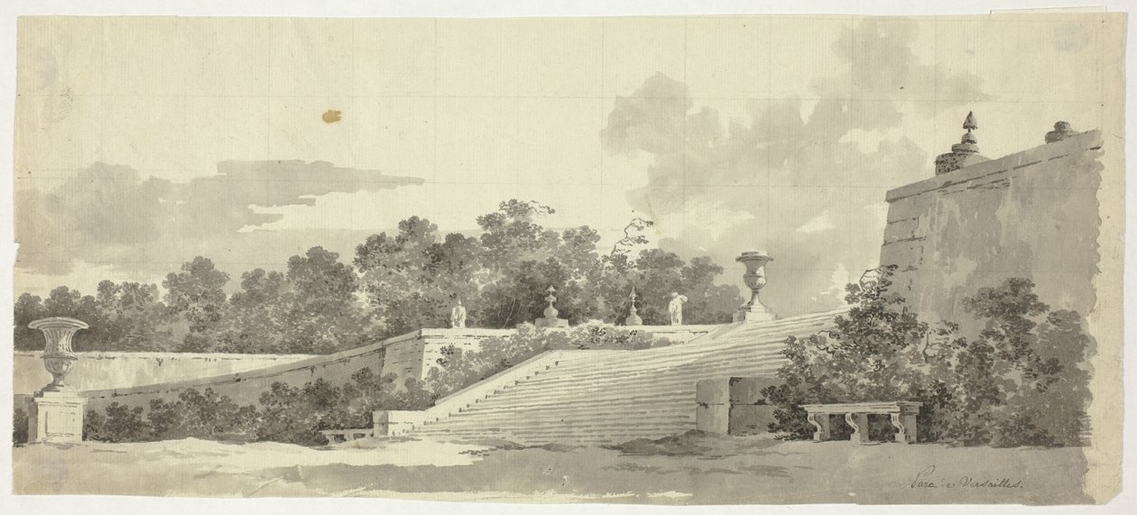 Vista del parque de Versalles: Escalera, Urnas y Topiarios de Pierre Antoine Mongin