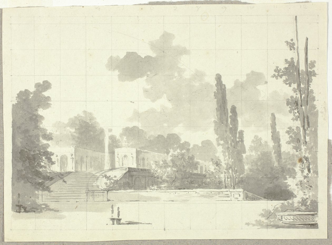 Vista del parque de Versalles: Escalera a la terraza con templo y columna de Pierre Antoine Mongin