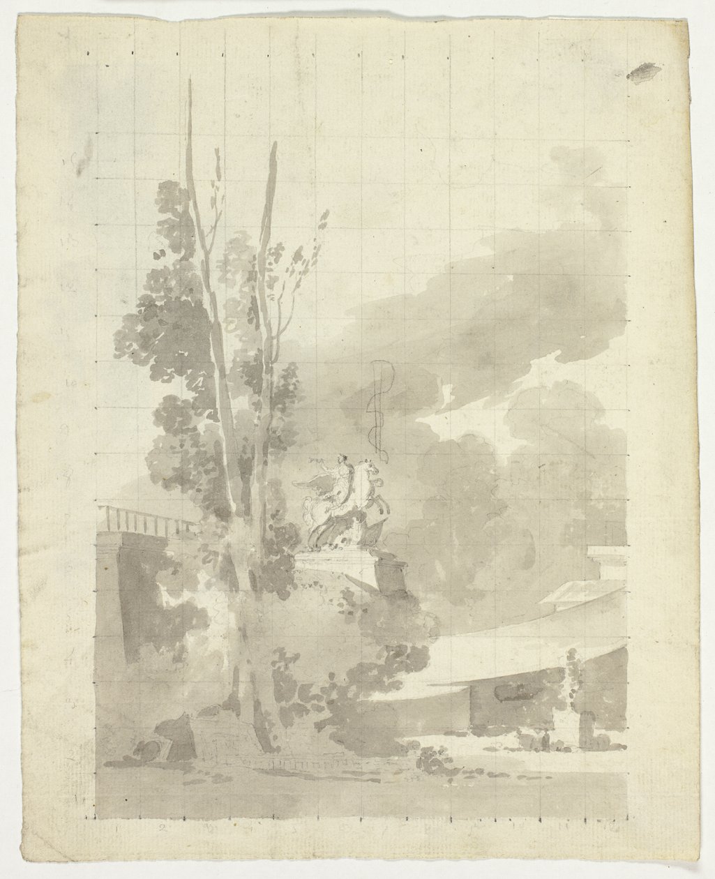 Vista del parque de Versalles: Terraza, árboles y estatua ecuestre de Pierre Antoine Mongin