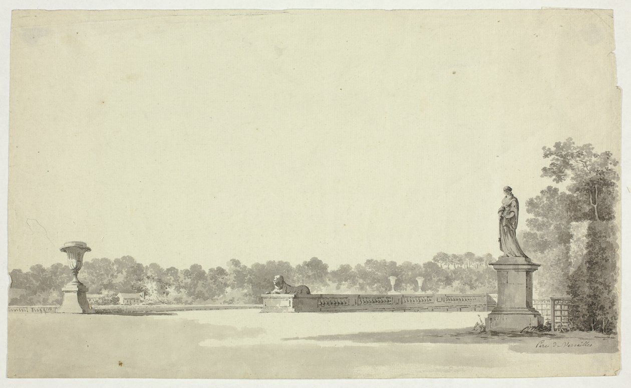 Vista del parque de Versalles: Terraza con urna, esfinge y estatua femenina de Pierre Antoine Mongin