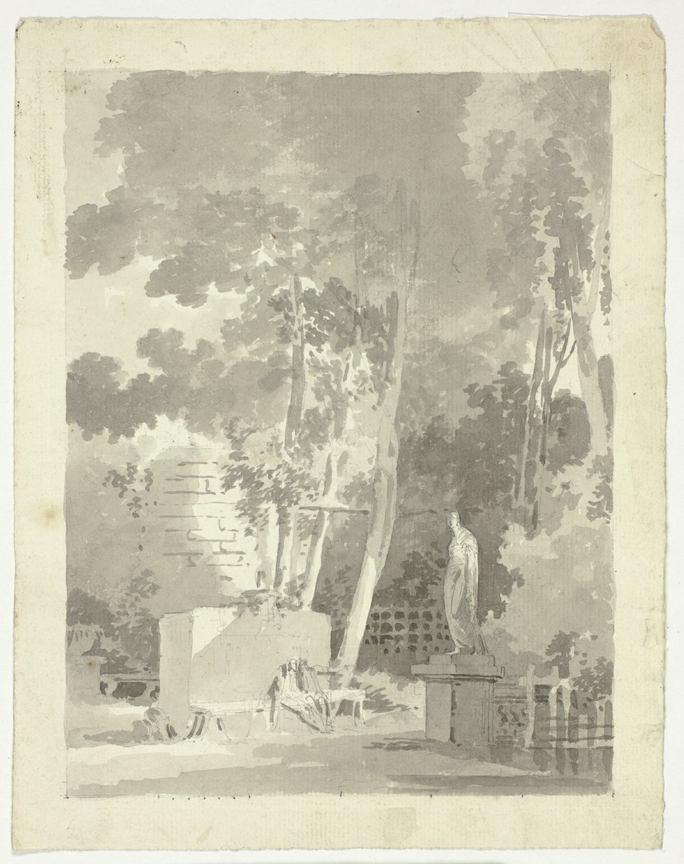 Vista del parque de Versalles: Dos figuras en un banco en un claro, estatua femenina cerca de Pierre Antoine Mongin