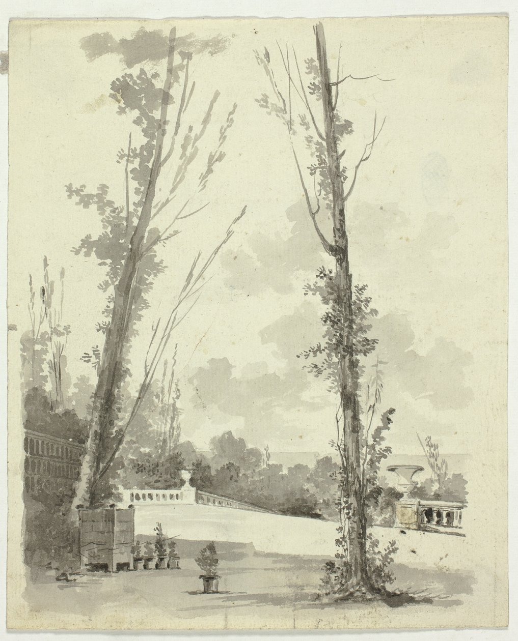 Vista del parque de Versalles: Dos álamos con paseo balaustrado al fondo de Pierre Antoine Mongin