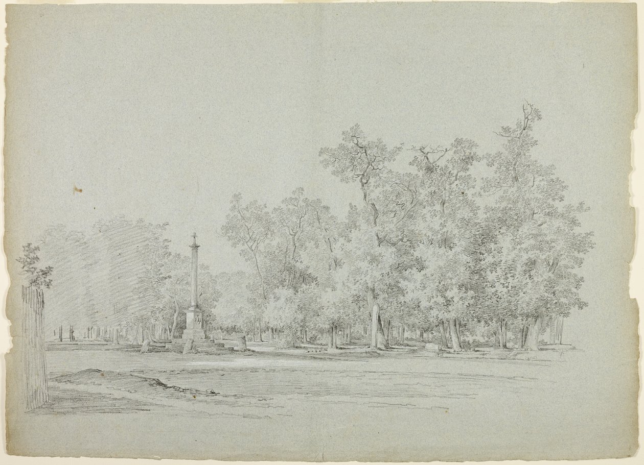 Vista del parque de Versalles: Paisaje con columna conmemorativa y arboleda de Pierre Antoine Mongin