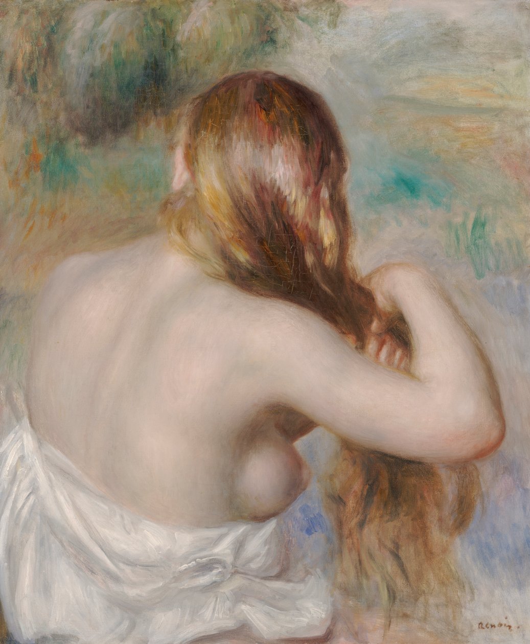 Rubia Trenzando Su Pelo de Pierre-Auguste Renoir