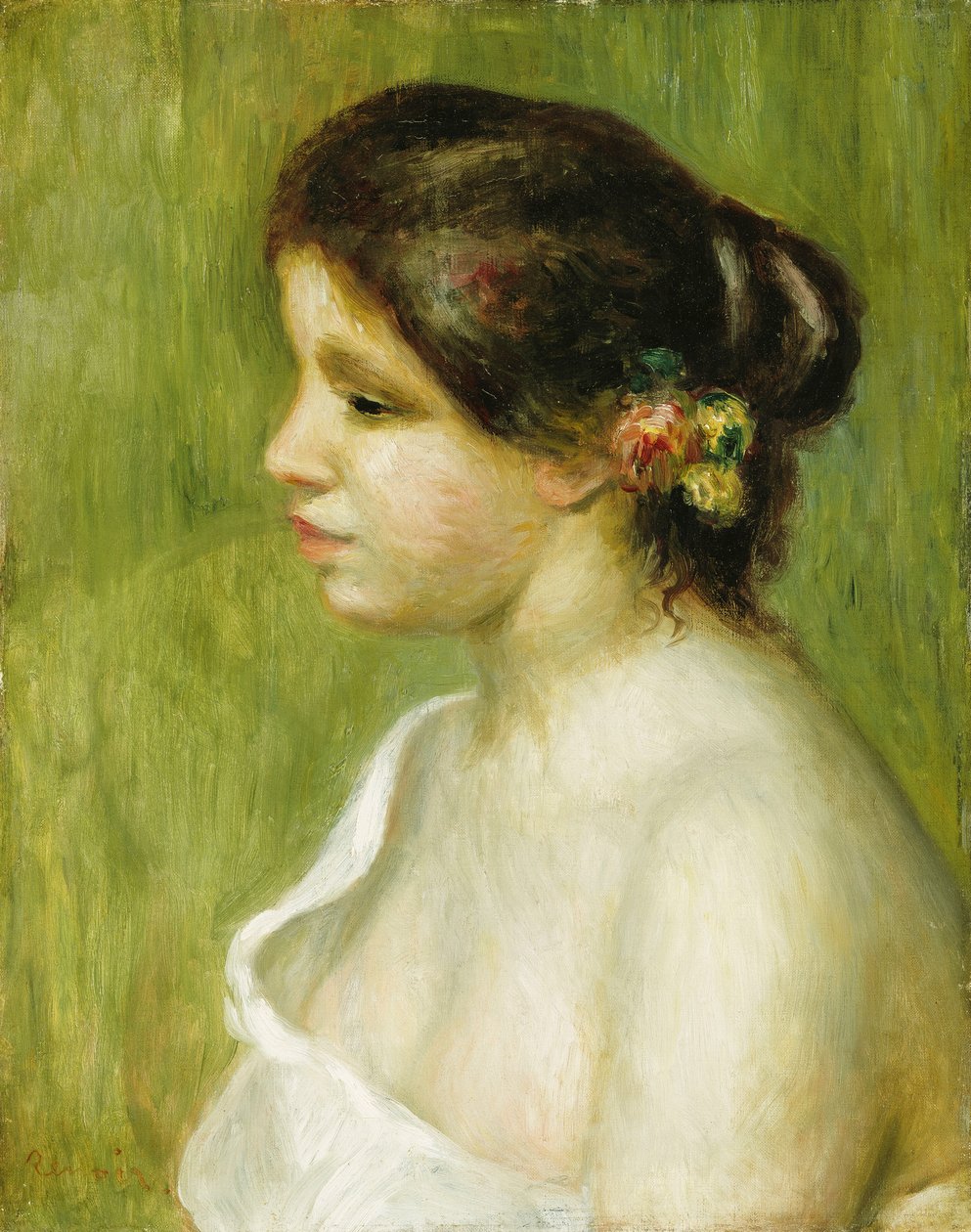 Busto de una joven con flores decorando su oreja, 1898 de Pierre Auguste Renoir