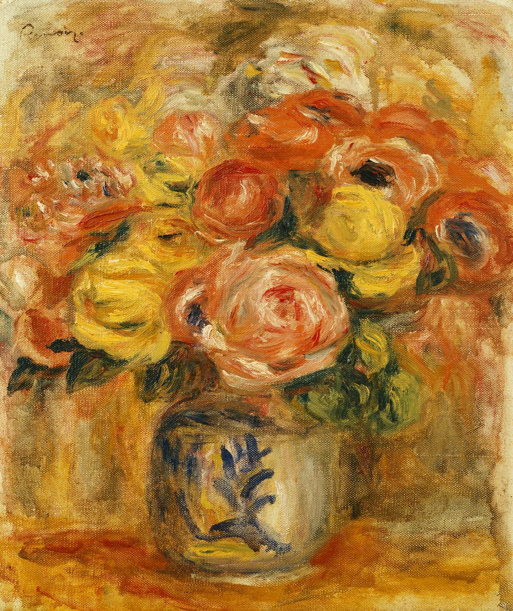 Flores en un jarrón azul y blanco de Pierre Auguste Renoir