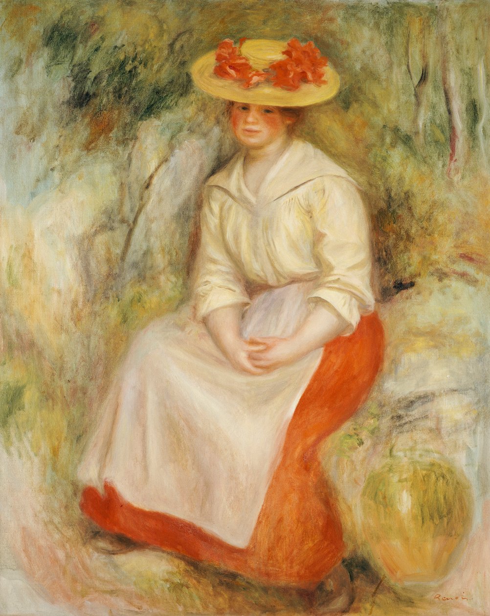 Gabrielle con un sombrero de paja, 1900 de Pierre Auguste Renoir