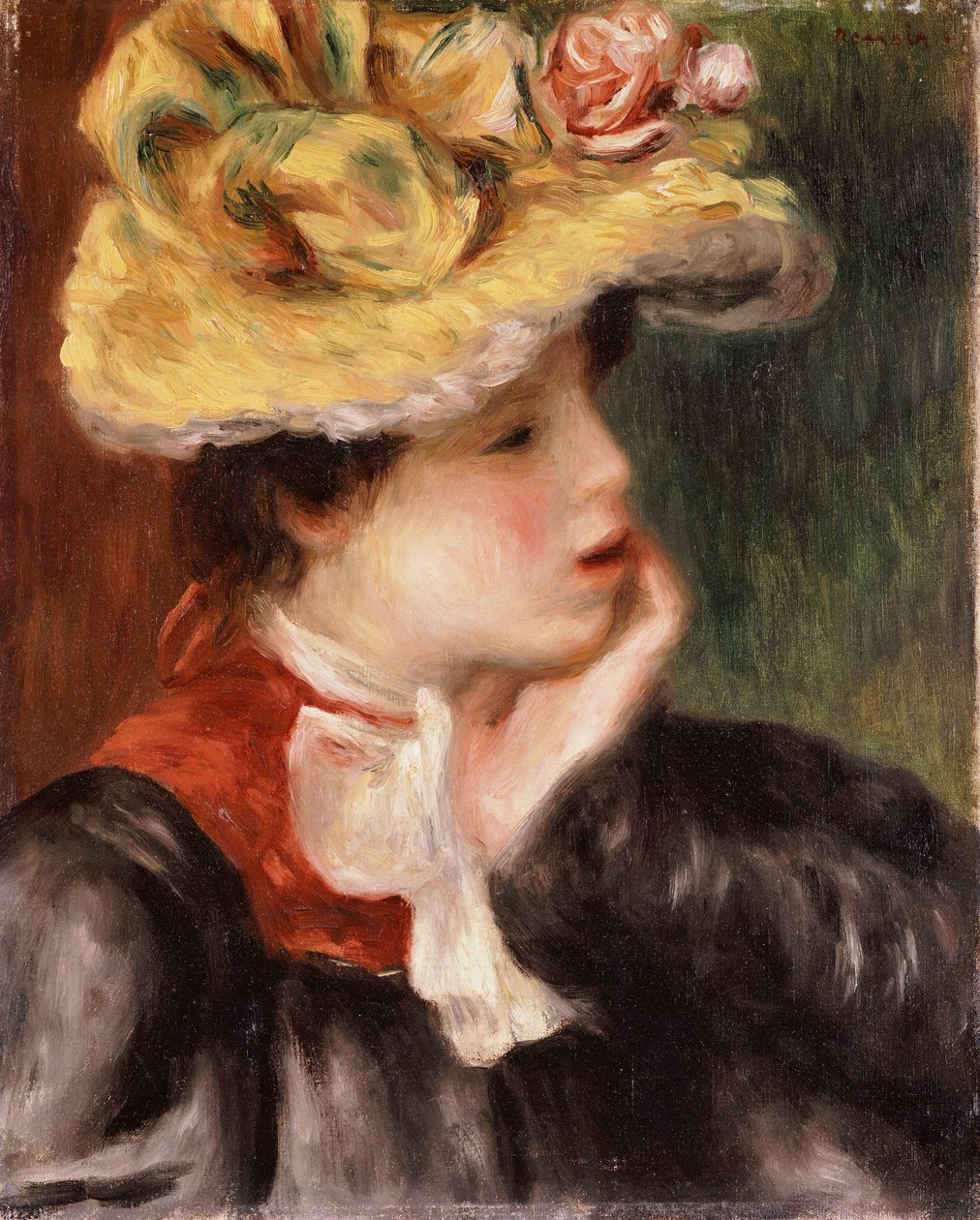 Cabeza de una Niña con un Sombrero Amarillo de Pierre Auguste Renoir