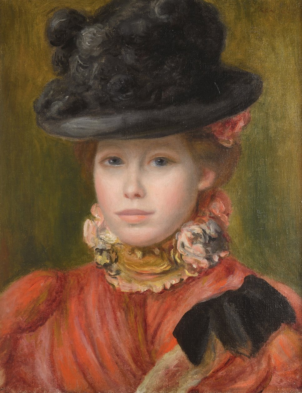 Joven con sombrero negro y flores rojas de Pierre Auguste Renoir
