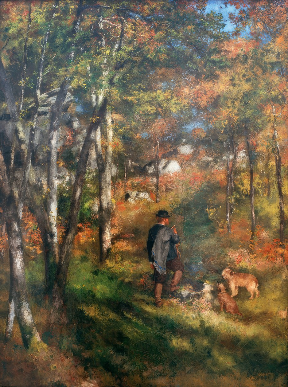 El pintor Jules Le Coeur y sus perros en el bosque de Fontainebleau de Pierre Auguste Renoir