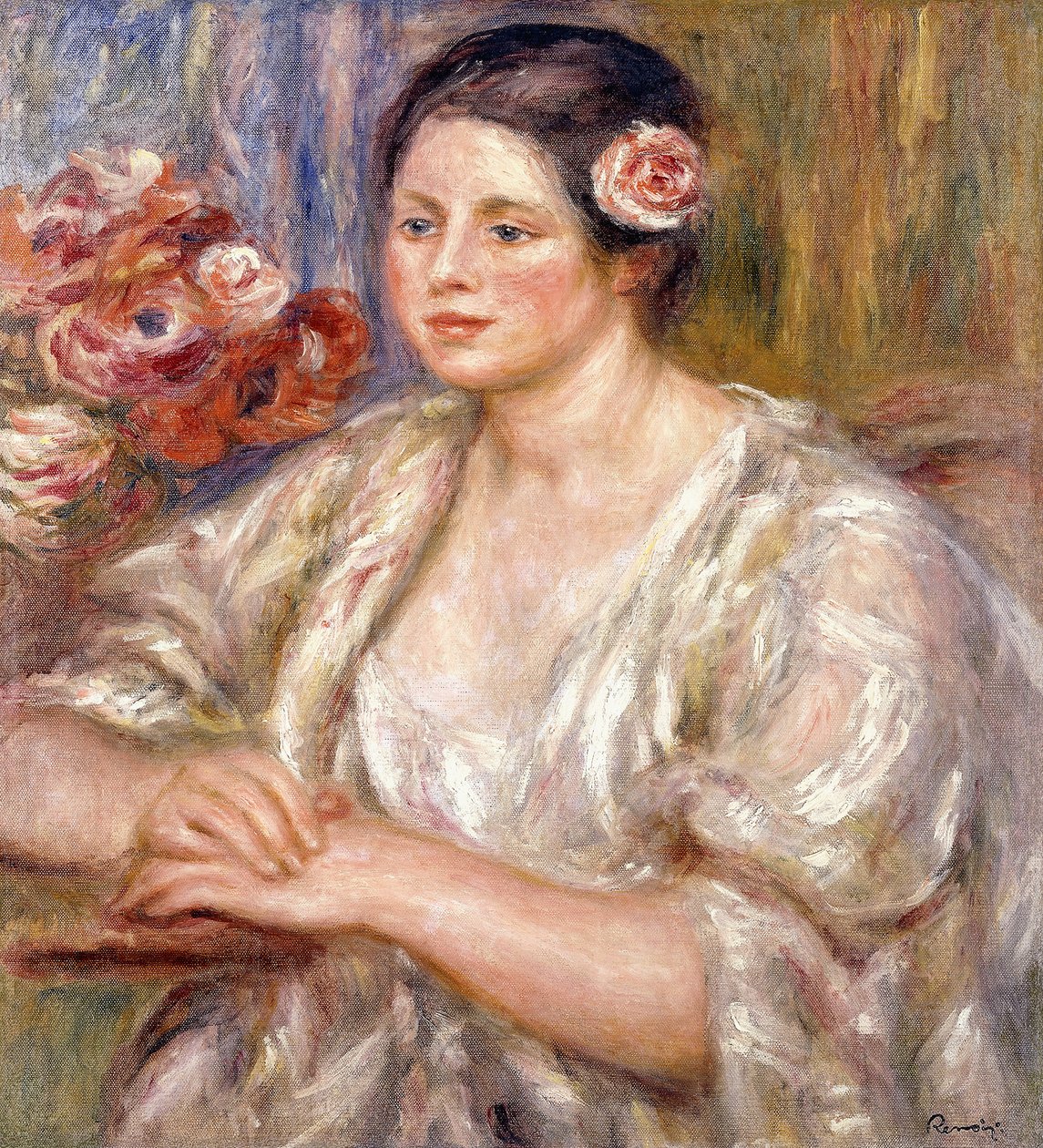 Madeleine con blusa blanca y ramo de flores, c.1915-1919 de Pierre Auguste Renoir