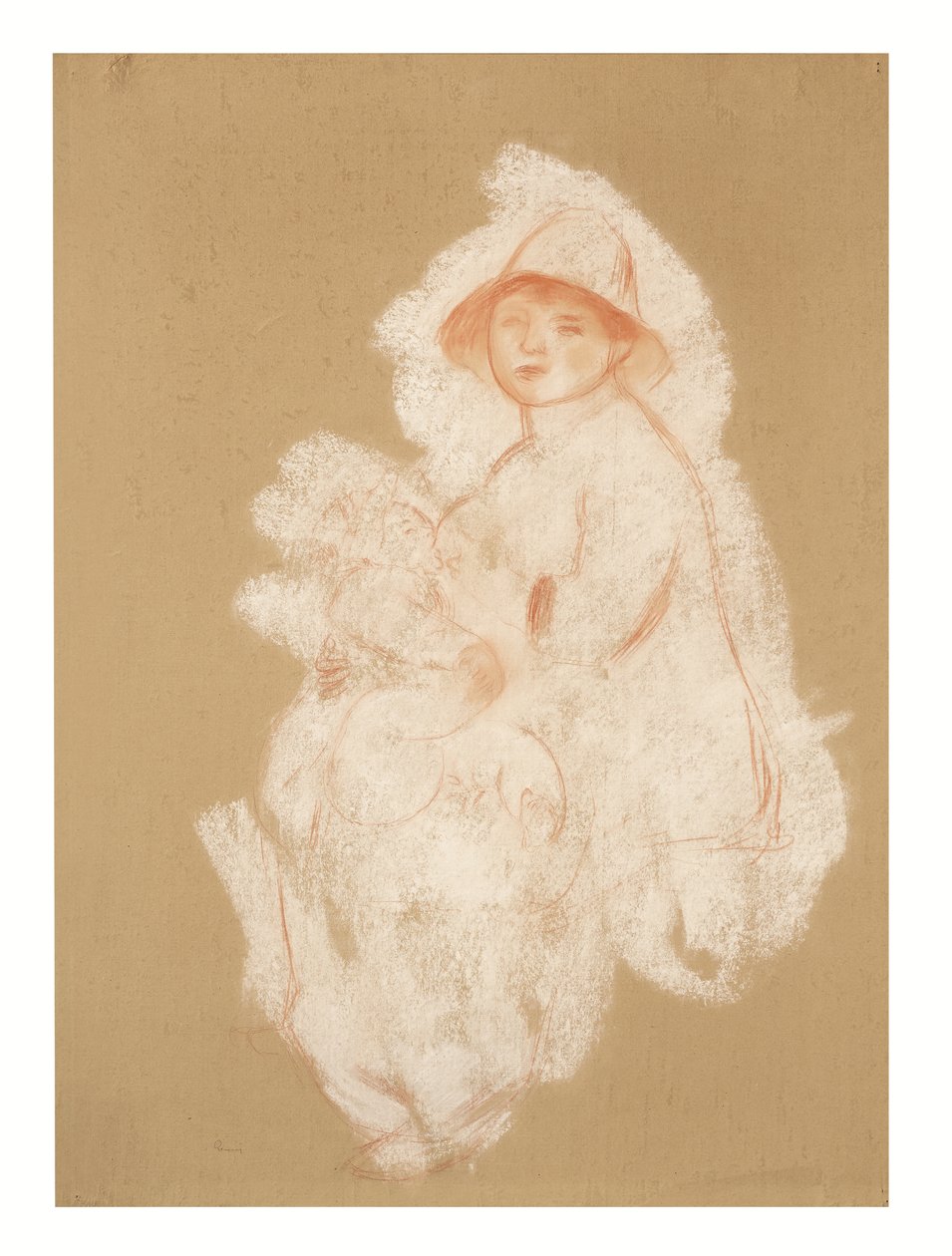 Madre e hijo (Maternidad) (sanguina y tiza blanca sobre papel colocado sobre lienzo) de Pierre Auguste Renoir