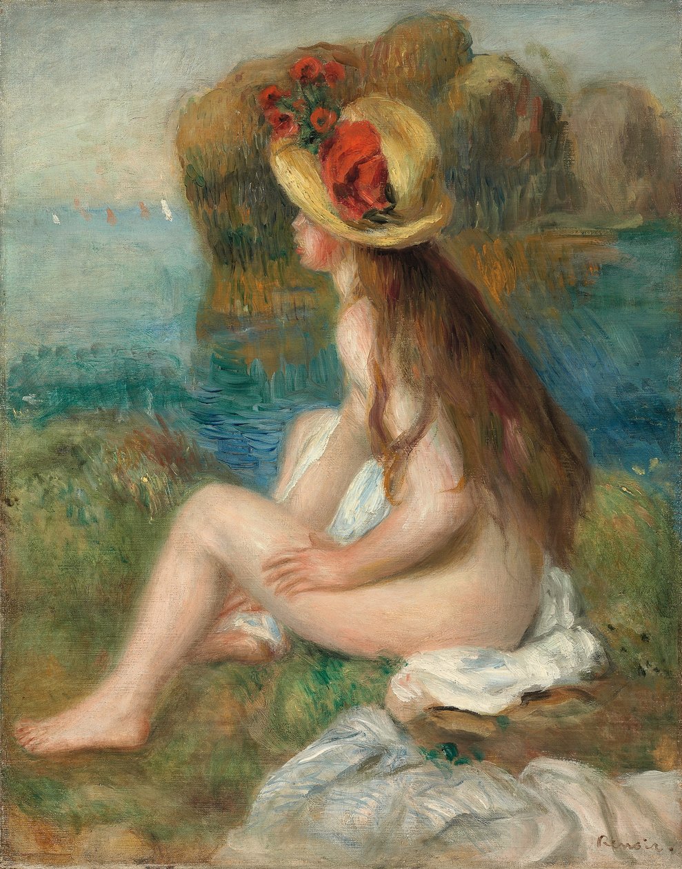 Desnudo con sombrero de paja junto al mar, 1892 de Pierre Auguste Renoir