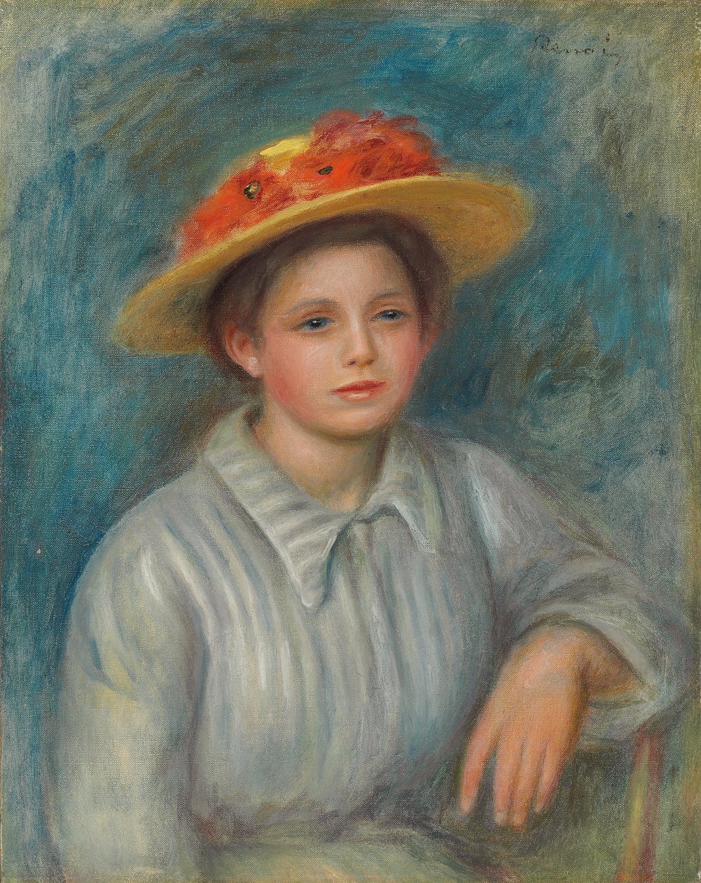 Retrato de una mujer con sombrero con flores, c.1890 de Pierre Auguste Renoir