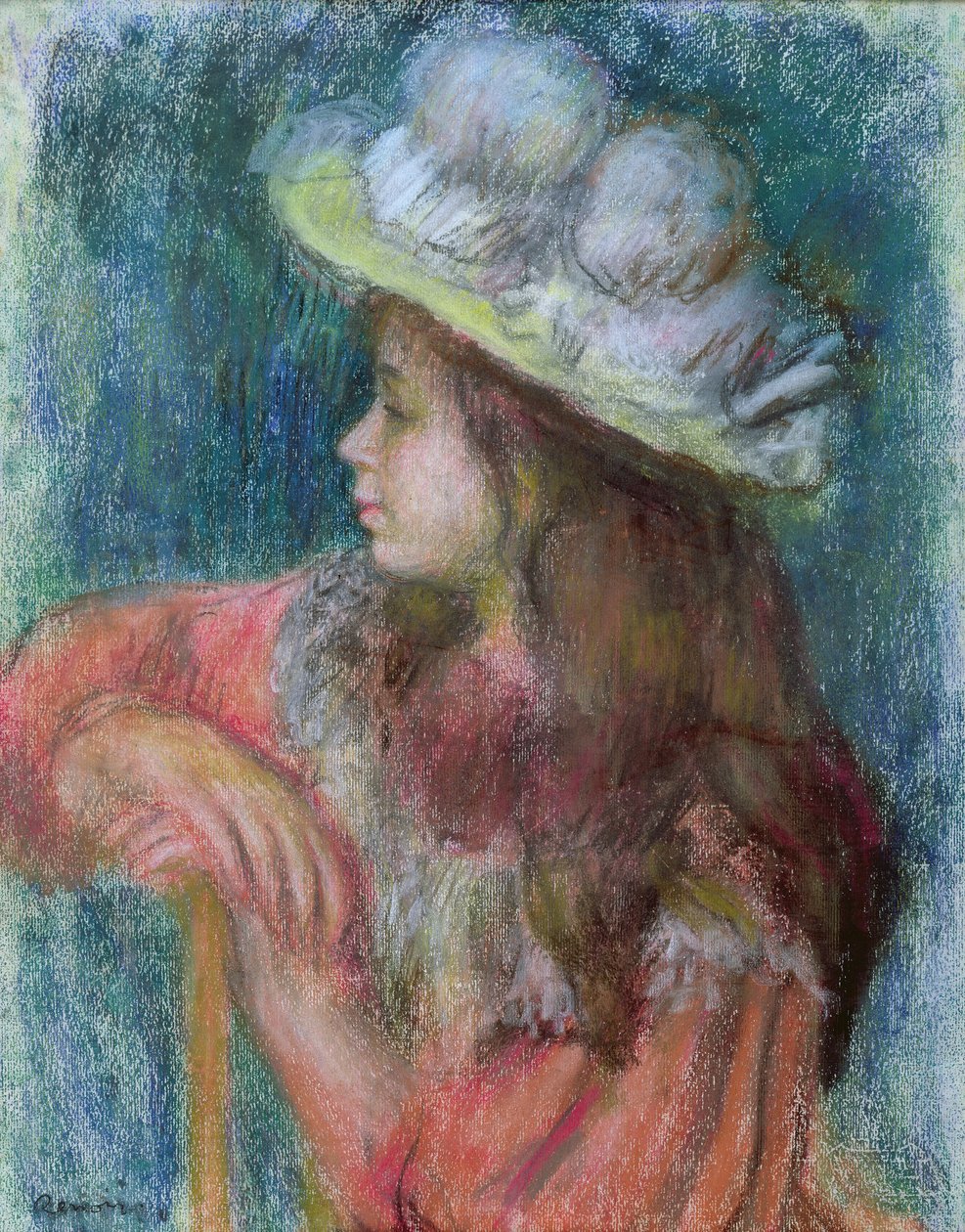 Joven sentada con sombrero blanco, 1884 de Pierre Auguste Renoir