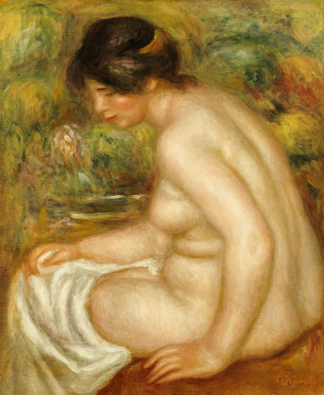 Vista lateral de un bañista sentado de Pierre Auguste Renoir