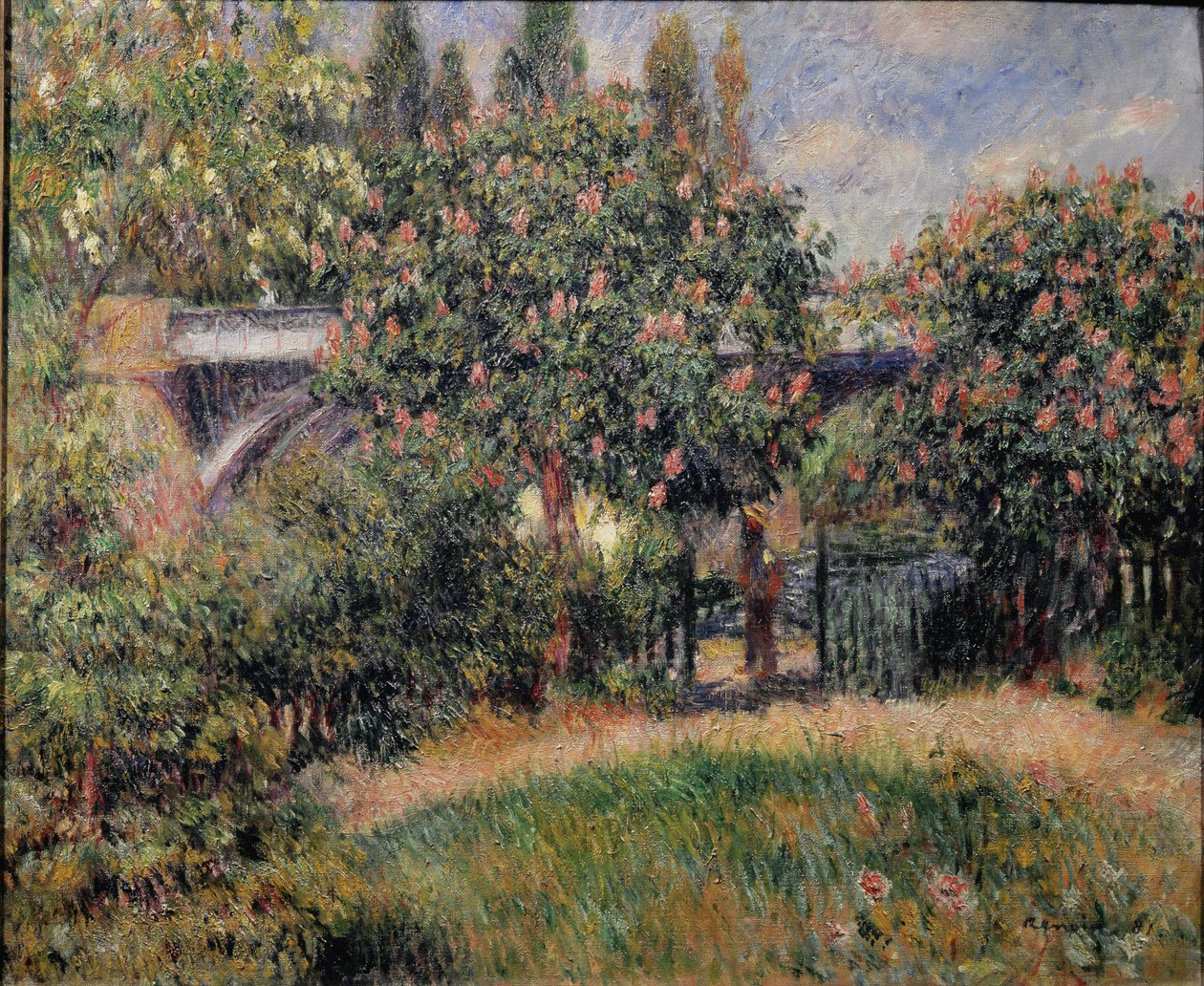 El puente ferroviario en Chatou o los castaños rosados - 1881 de Pierre Auguste Renoir