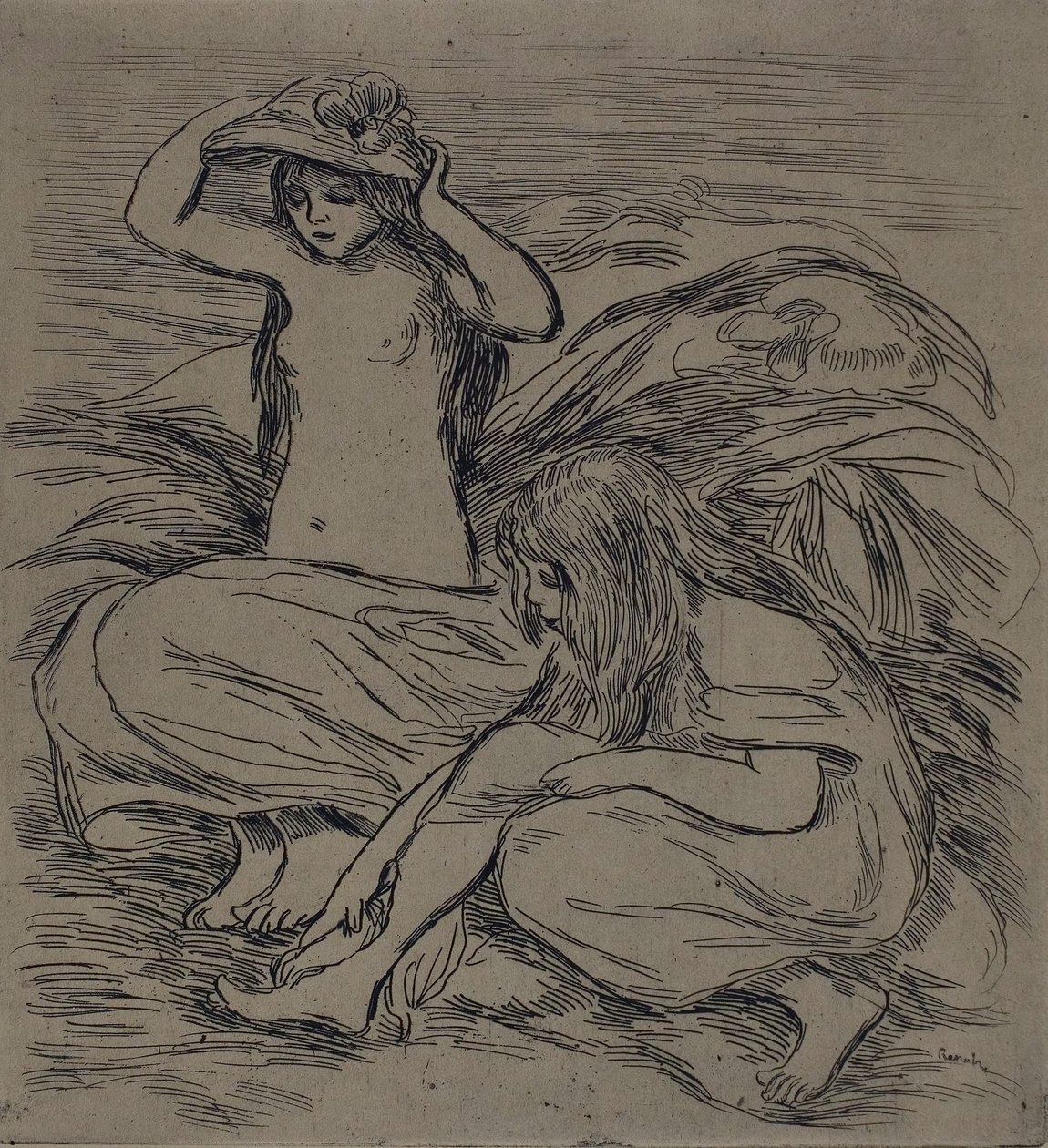Two Women Bathing, c.1895 (aguafuerte sobre papel de estraza) de Pierre Auguste Renoir