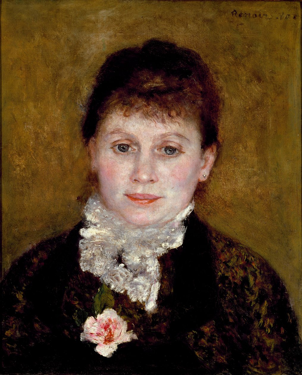 Mujer con un collar blanco. Retrato de una mujer con una rosa de Pierre Auguste Renoir