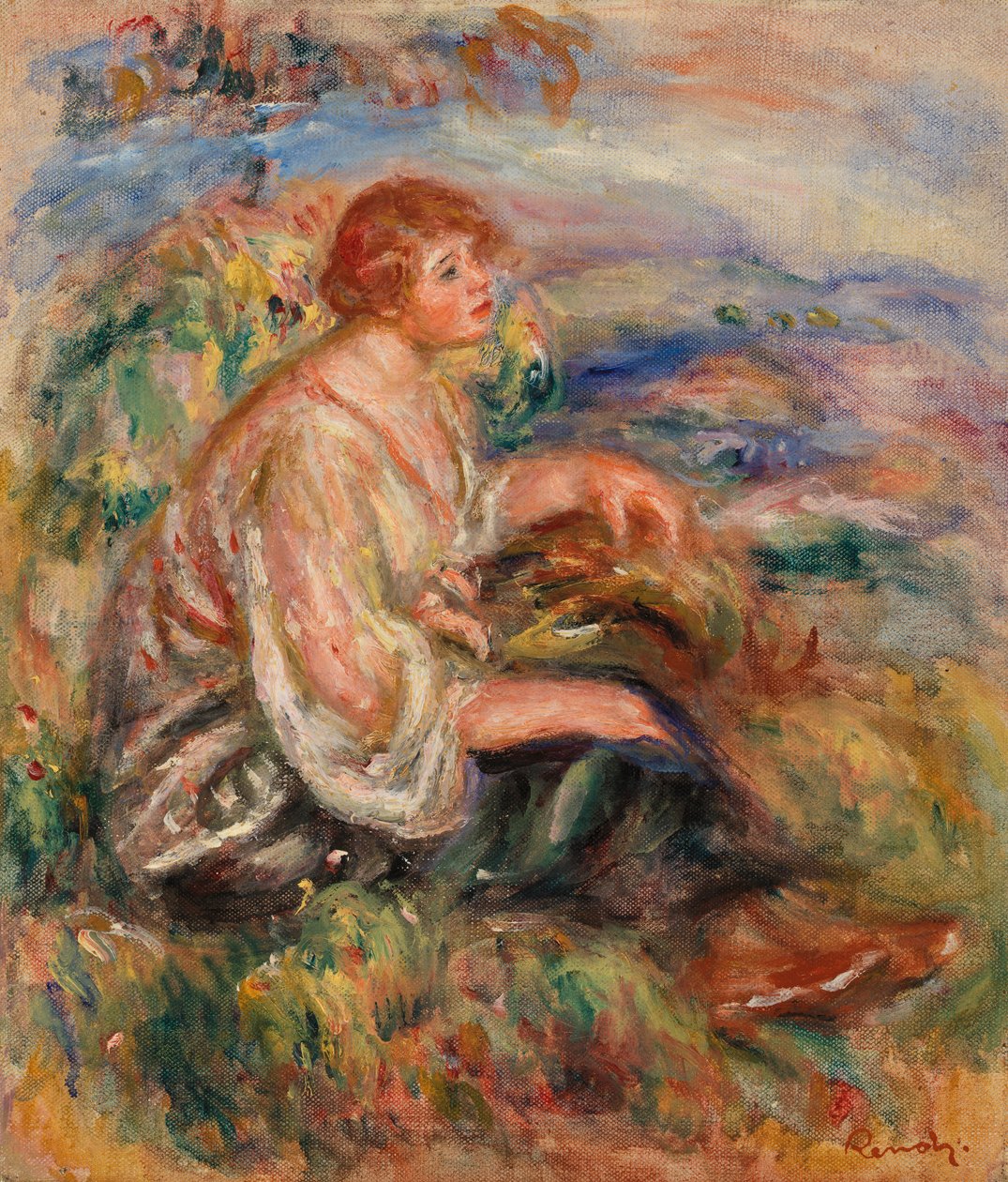 Mujer en blusa de tul y falda negra de Pierre Auguste Renoir