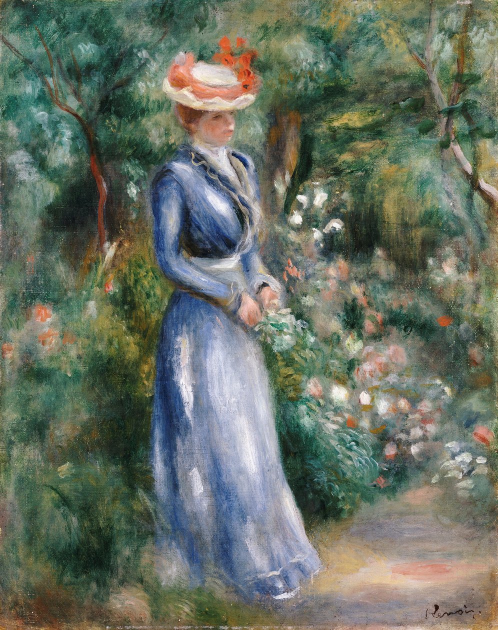 Mujer con vestido azul de pie en el jardín de Saint-Cloud de Pierre Auguste Renoir
