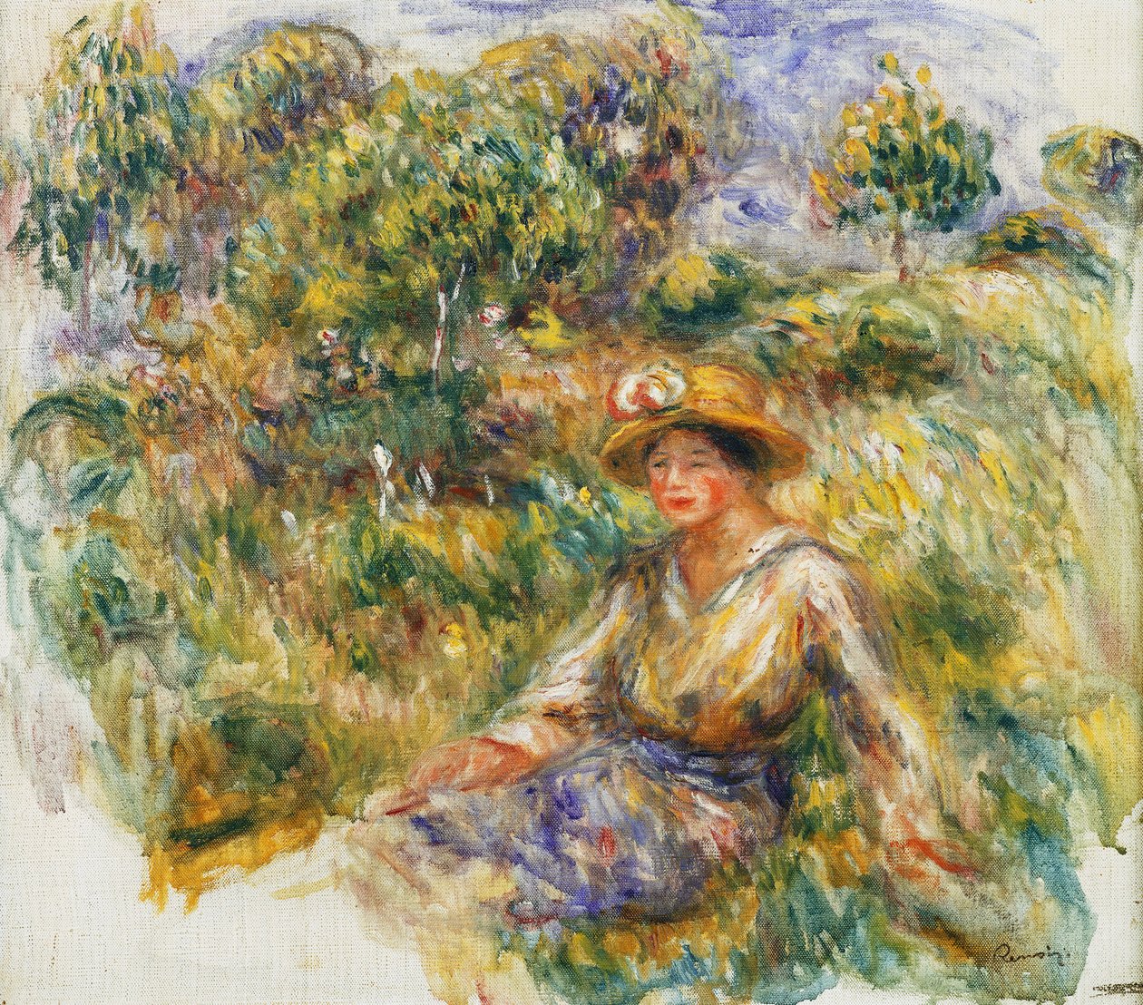 Mujer con sombrero azul sentada en la hierba de Pierre Auguste Renoir