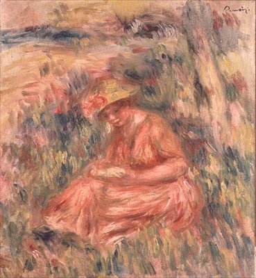 Mujer sentada en el césped de Pierre Auguste Renoir