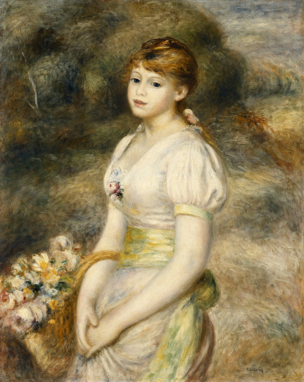Joven Chica Llevando una Cesta de Flores de Pierre Auguste Renoir
