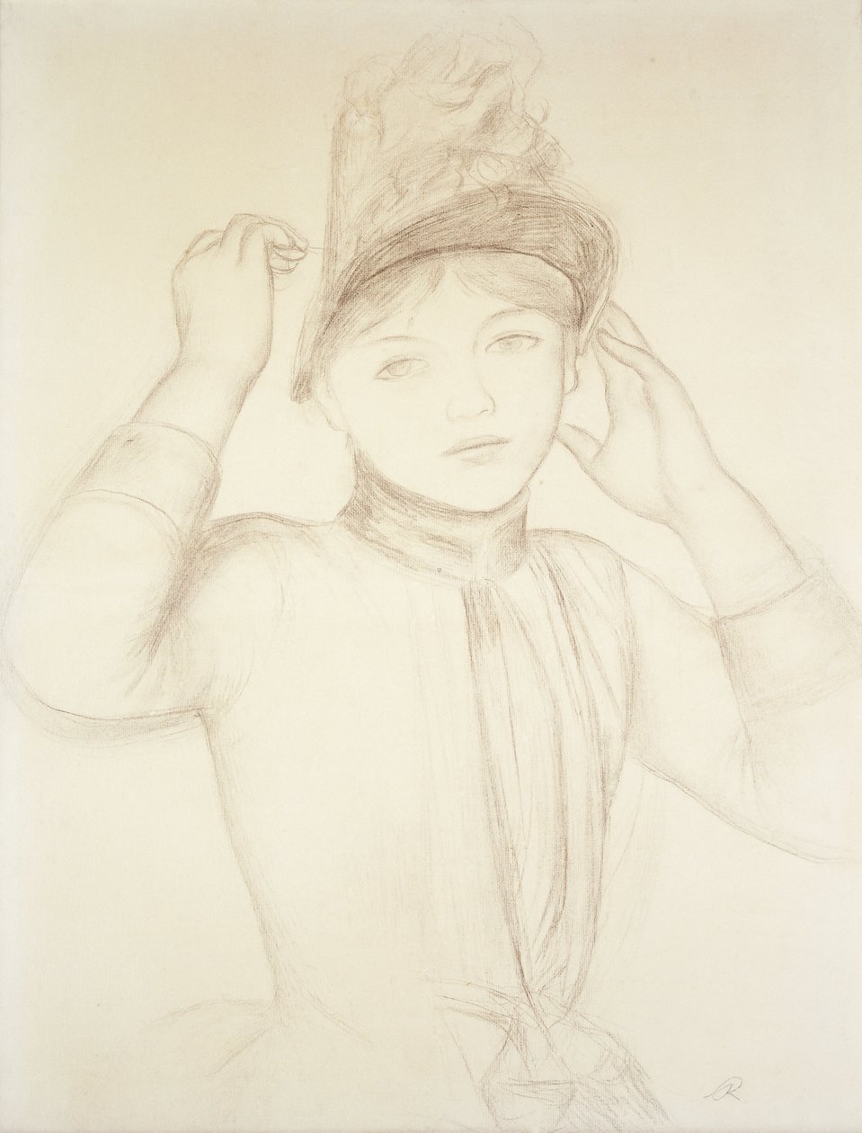 Joven mujer arreglando su sombrero; Jeune Fille Arrangeant son Chapeau, c.1885 de Pierre Auguste Renoir