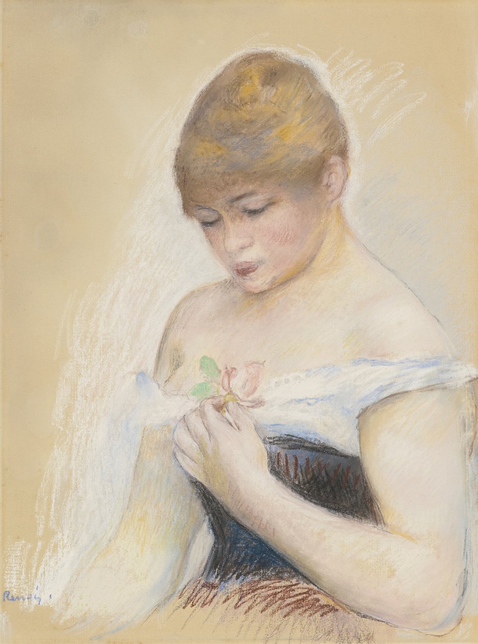 Joven mujer sosteniendo una flor. Retrato de la actriz Jeanne Samary, c. 1880 de Pierre Auguste Renoir