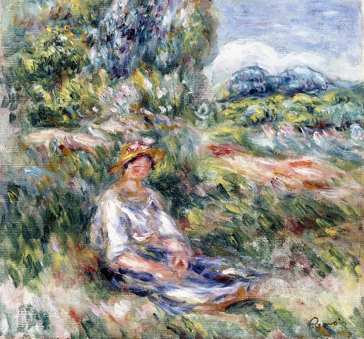 Joven mujer sentada en un prado de Pierre Auguste Renoir