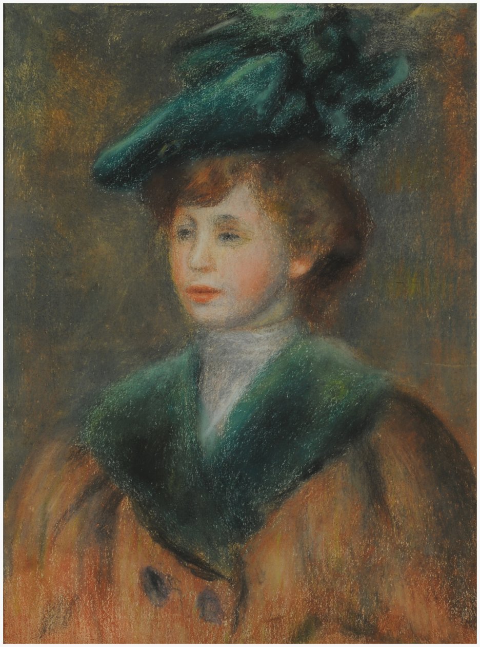 Joven Mujer con Sombrero Verde de Pierre Auguste Renoir
