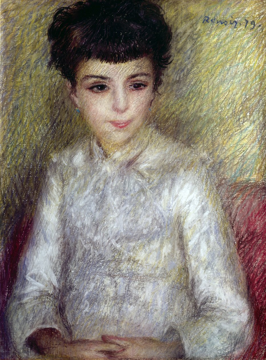 Joven morena sentada con las manos cruzadas de Pierre Auguste Renoir