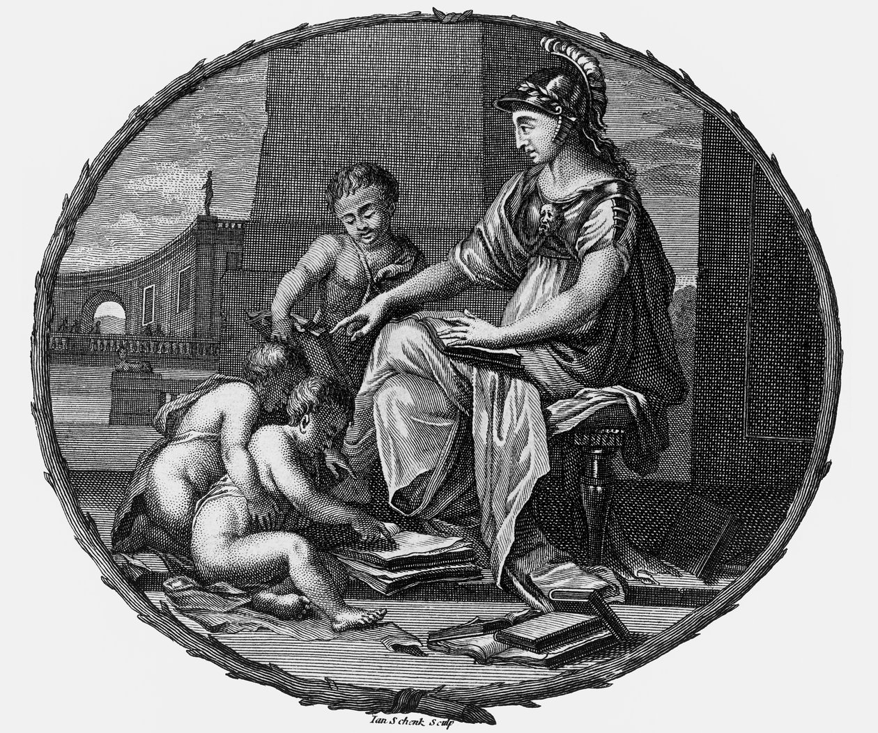 Alegoría femenina de la razón y la creatividad rodeada de niños,1695-1697 (grabado) de Pierre Bayle