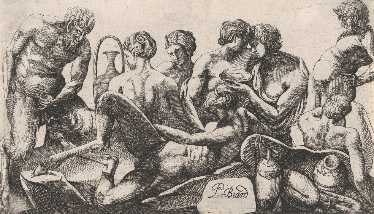 Ocho sátiros y sátiresas terminando una comida, 1607-61 de Pierre Biard
