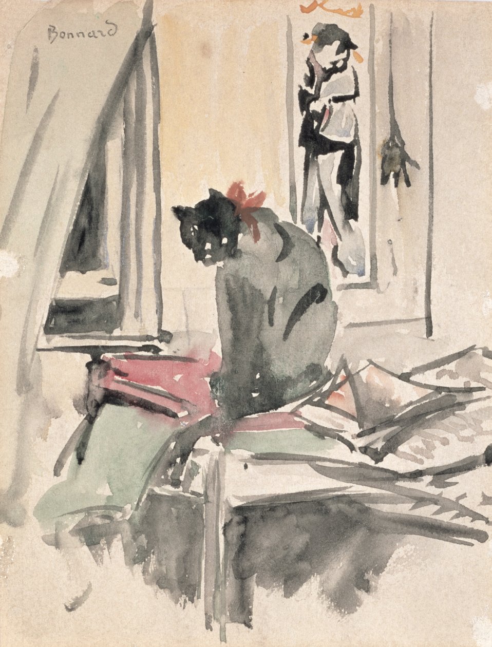 Gato sentado junto a una ventana (acuarela sobre papel) de Pierre Bonnard