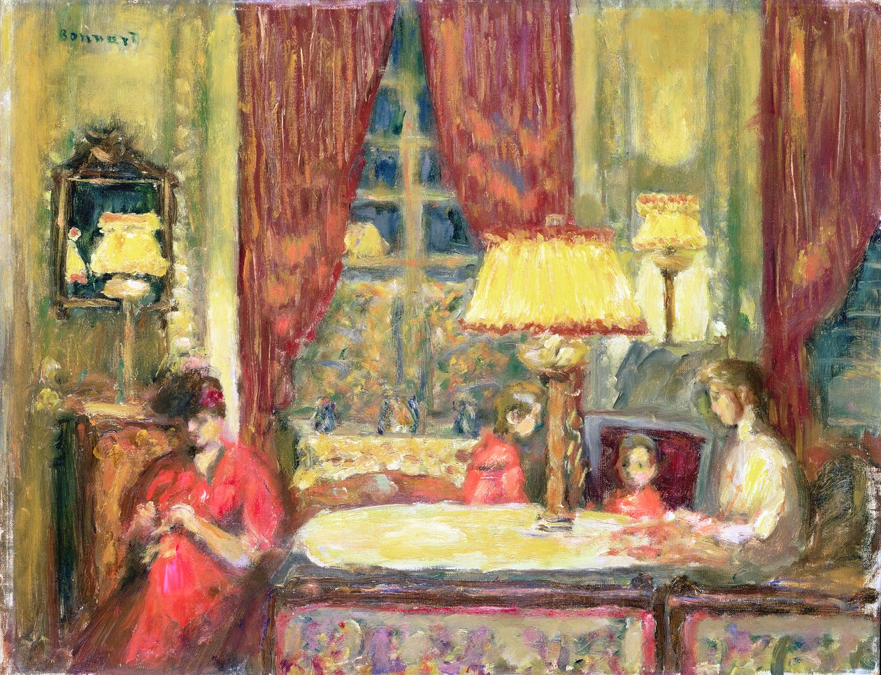 Interior iluminado por lámparas con figuras de Pierre Bonnard
