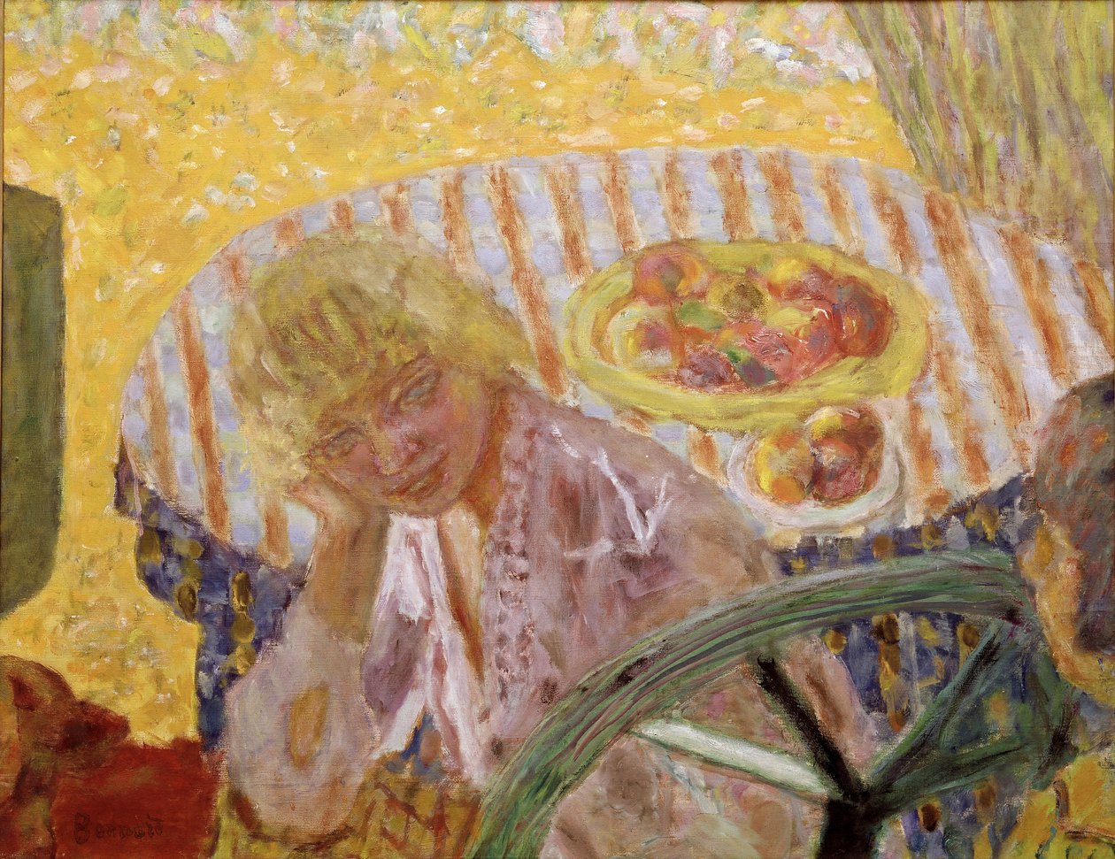 Jóvenes mujeres en el jardín o el mantel a rayas de Pierre Bonnard